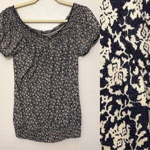 Lucky Brand boho white black print smocked cotton short sleeve blouse top-S